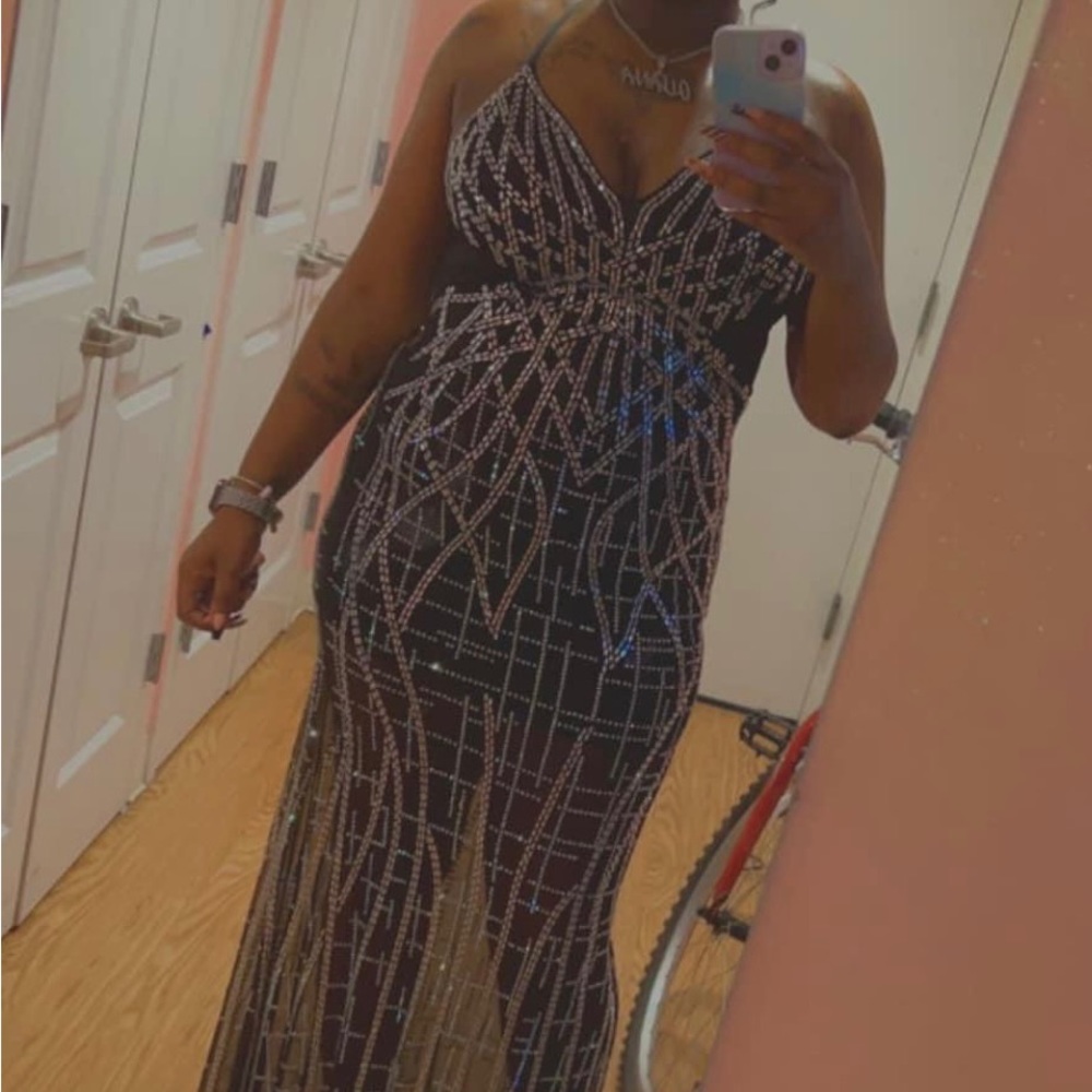 Banjul Floor Length Formal Black Mesh Sheer Spaghetti Strap Dress w/ Rhinestone